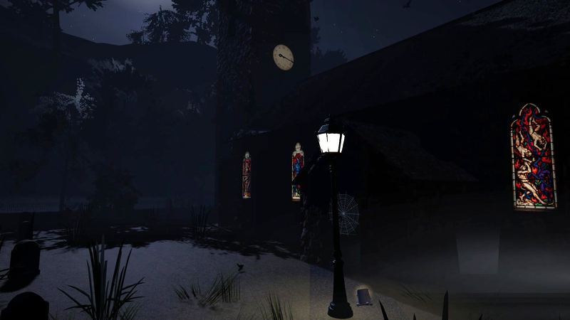 The church at night, its stained-glass windows lit and the clock on the tower